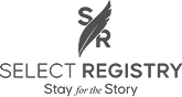 Logo for Select Registry, featuring a feather motif between letters "S" and "R" and the slogan "Stay for the Story."