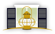 Logo - Illustration of Brass Lantern in front of white window with black shutters