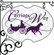 A purple sign with a horse drawn carriage on it.