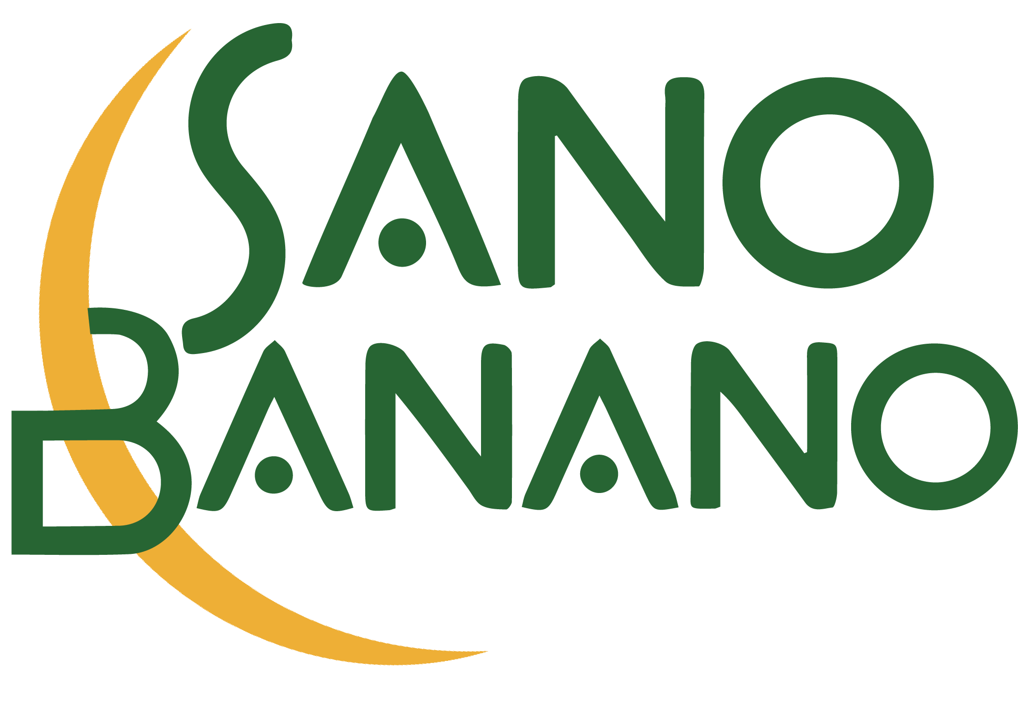 The image showcases the logo for "Sano Banano," a popular restaurant and beach hotel in Montezuma. The text "Sano Banano" is written in green, featuring a stylized yellow crescent shape partially overlapping the "D" in "Banano." The font has rounded edges with small circular accents inside the letters.