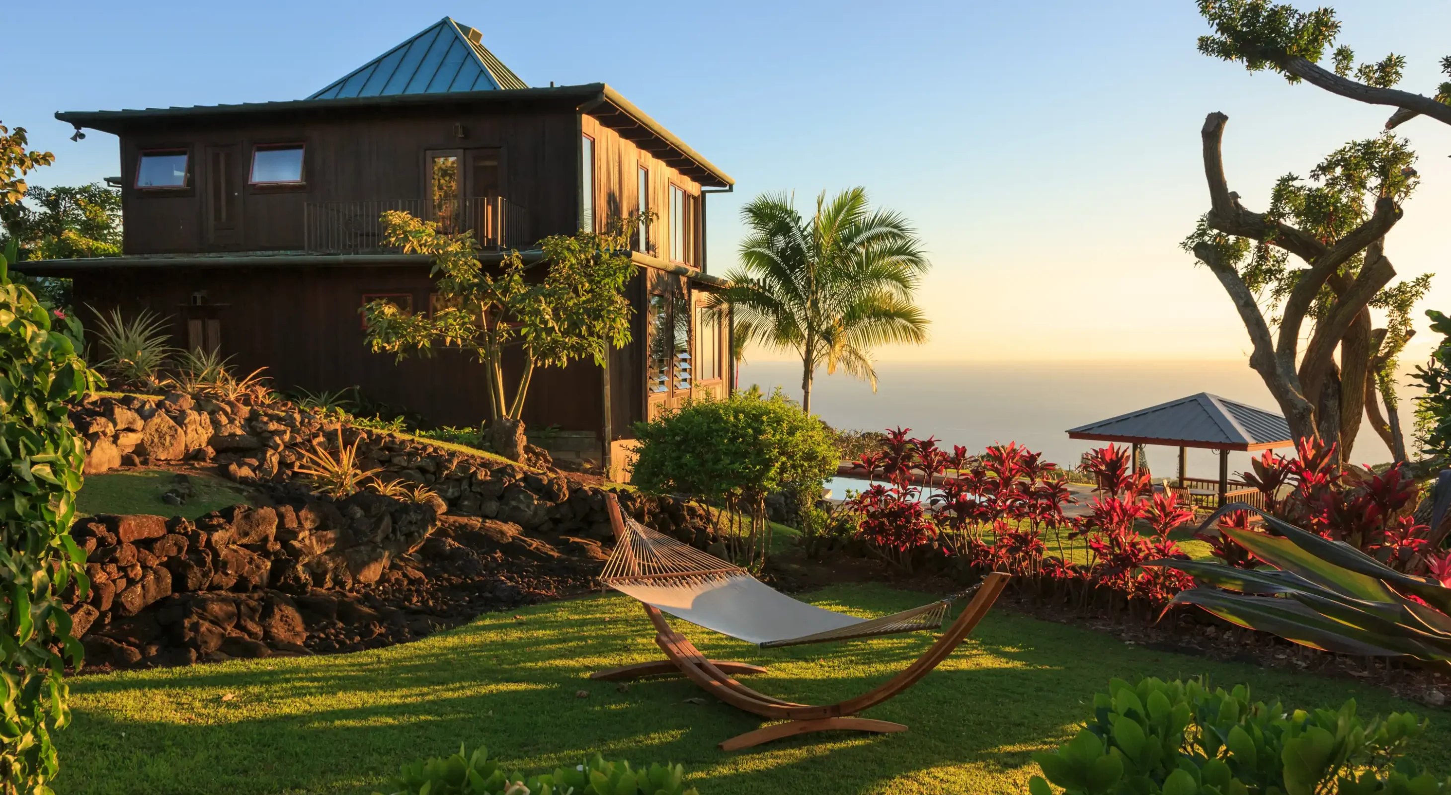 Hammock garden and ocean views at a 30-acre romantic bed and breakfast on the Kona Coast