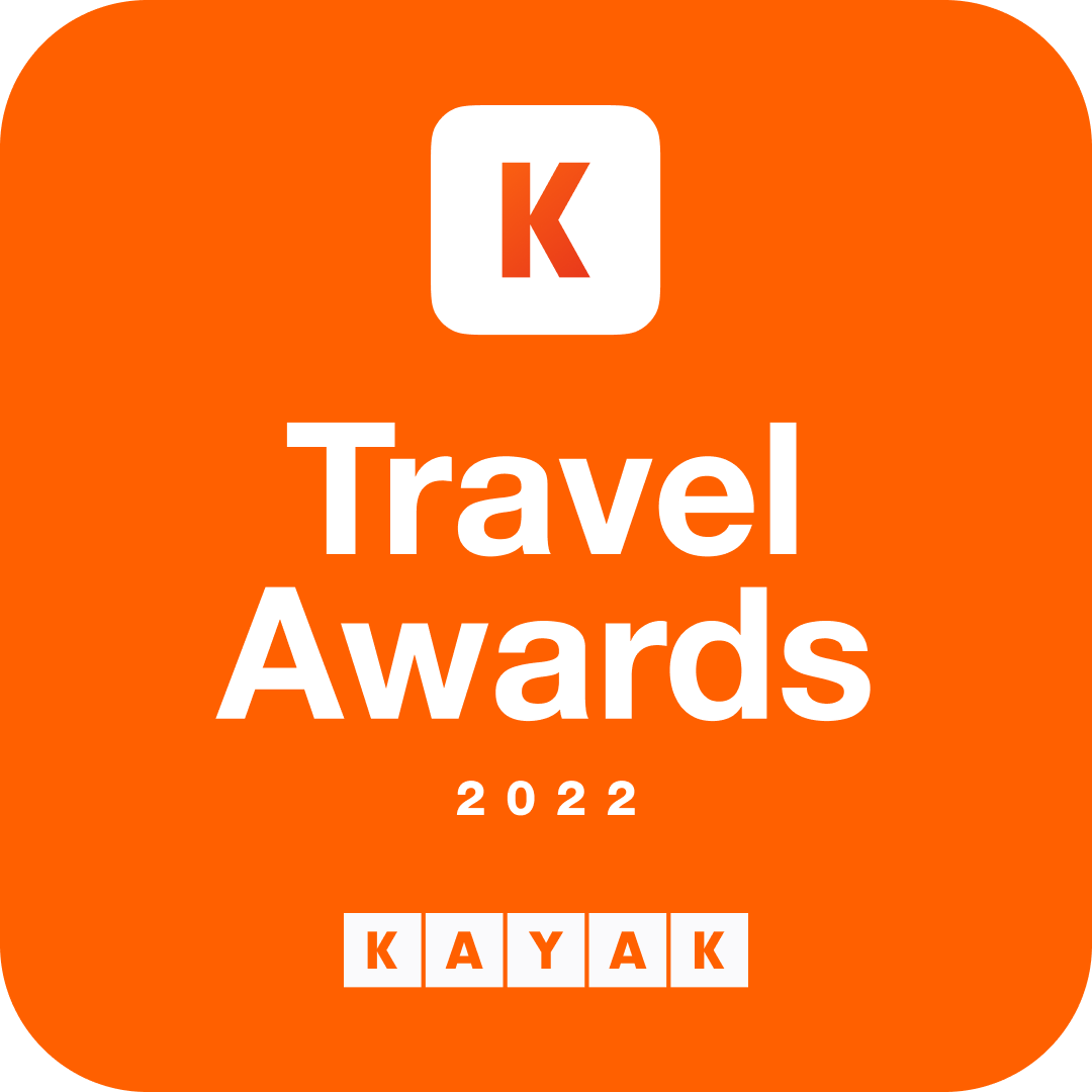 orange and white sign that states Kayak 2022 Travel Awards